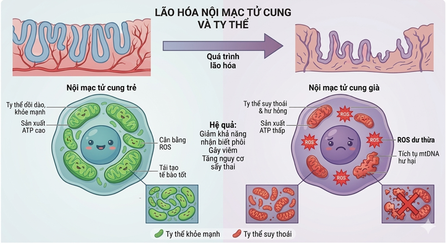 Lão hóa nội mạc tử cung gây suy giảm khả năng sinh sản thông qua cơ chế rối loạn chức năng ty thể